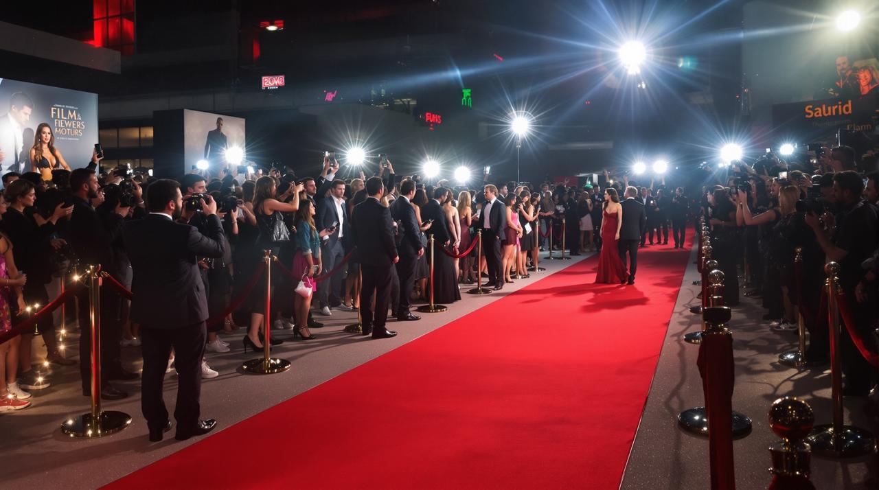  film premiere red carpet event with glamorous celebrities posing for photographers surrounded by flashing lights