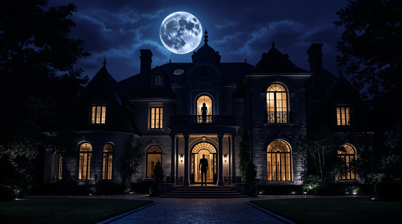  luxury mansion exterior at night with mysterious figure silhouetted in window creating intrigue scandal